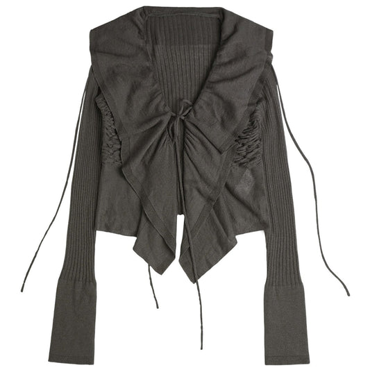 Ruffled Drape Angora Cardigan Charcoal