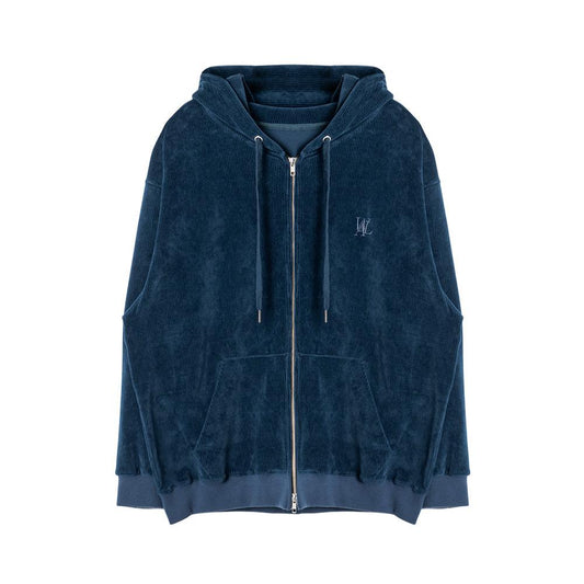 Velour corduroy hood zip-up blue