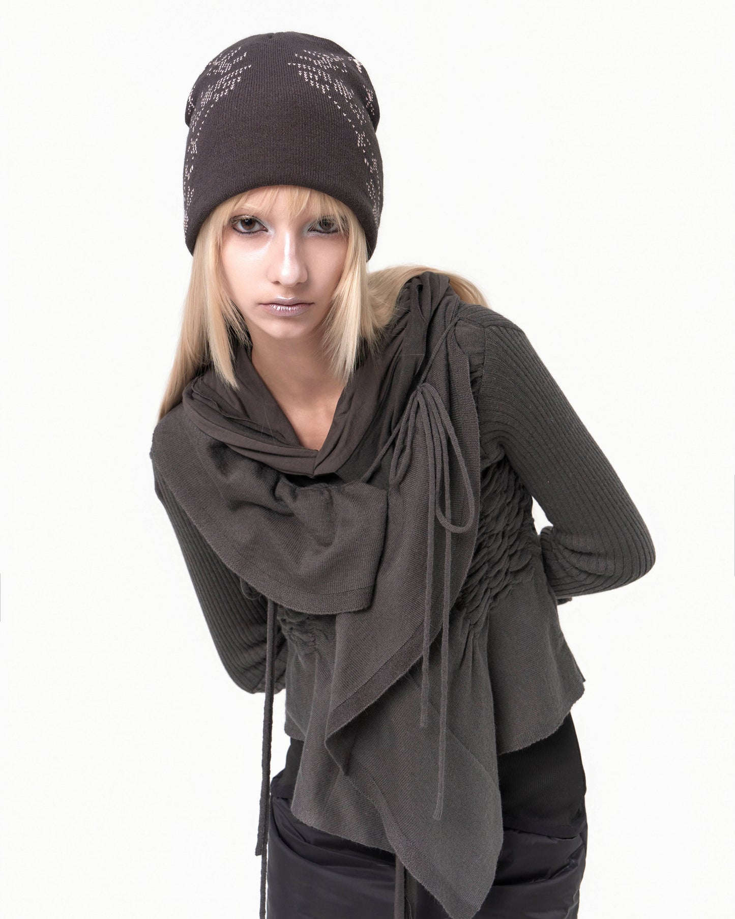 Ruffled Drape Angora Cardigan Charcoal