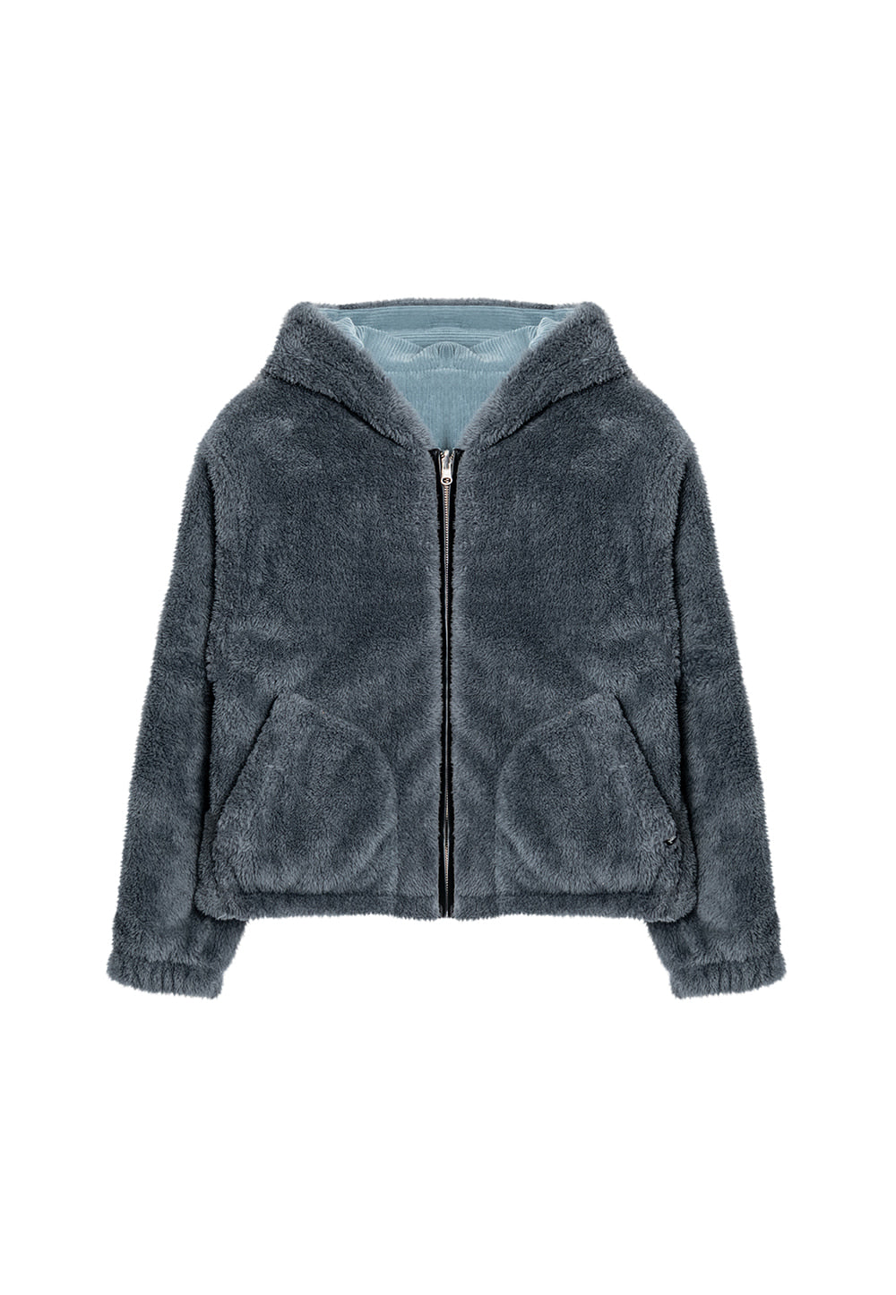 Reversible fleece crop hood zip-up charcoal + blue