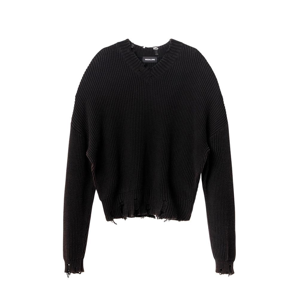 V-neck distressed knit black