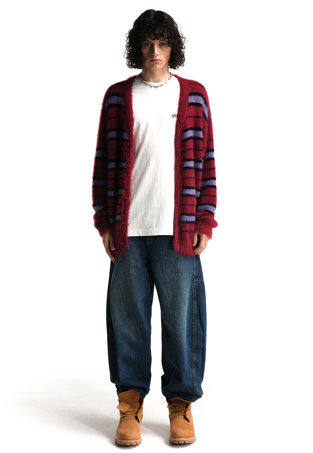 Stripe brushed cardigan red