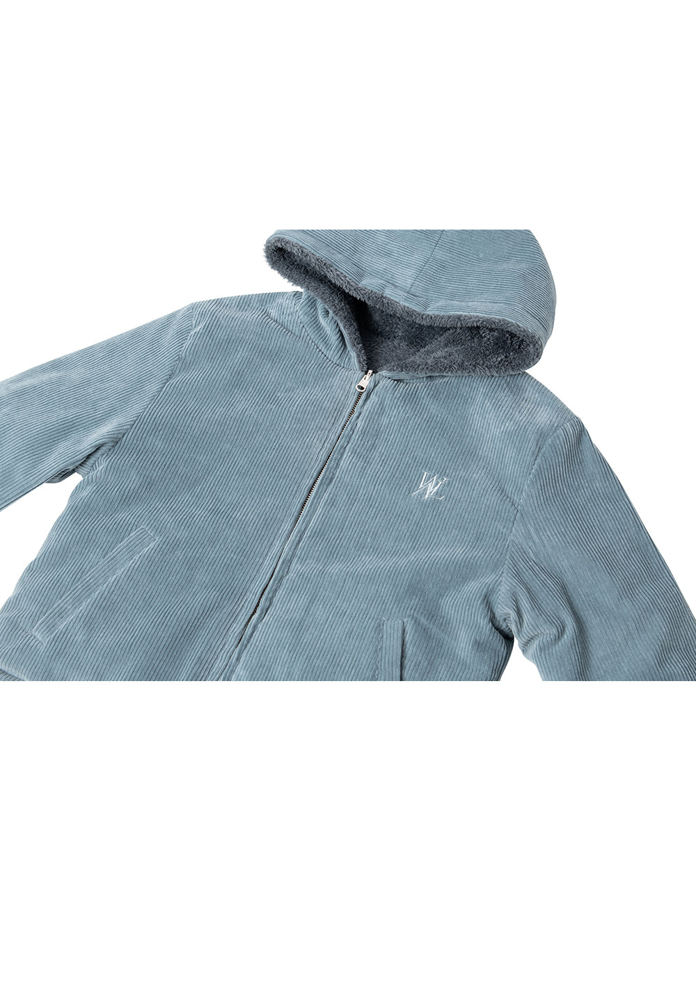 Reversible fleece crop hood zip-up charcoal + blue