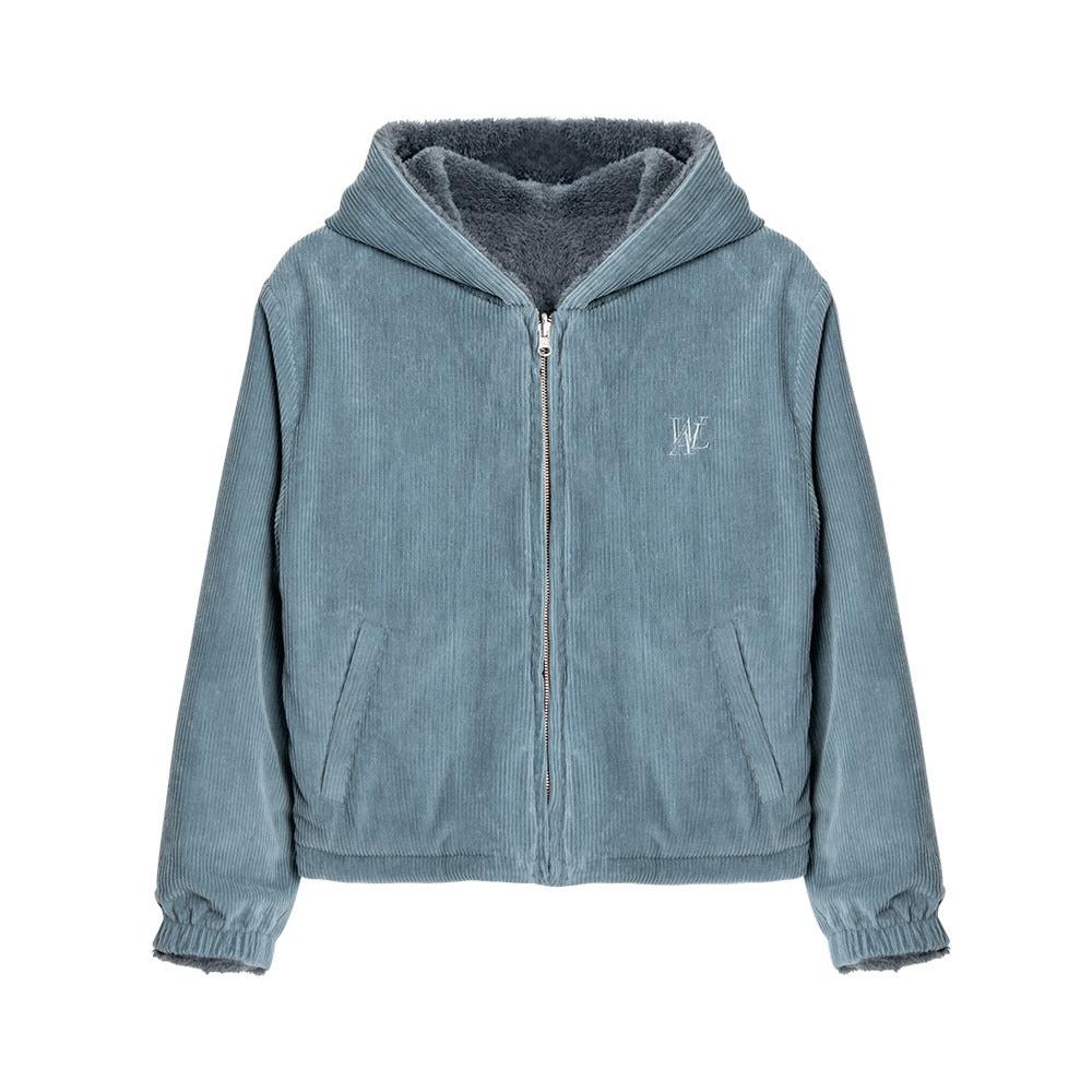 Reversible fleece crop hood zip-up charcoal + blue