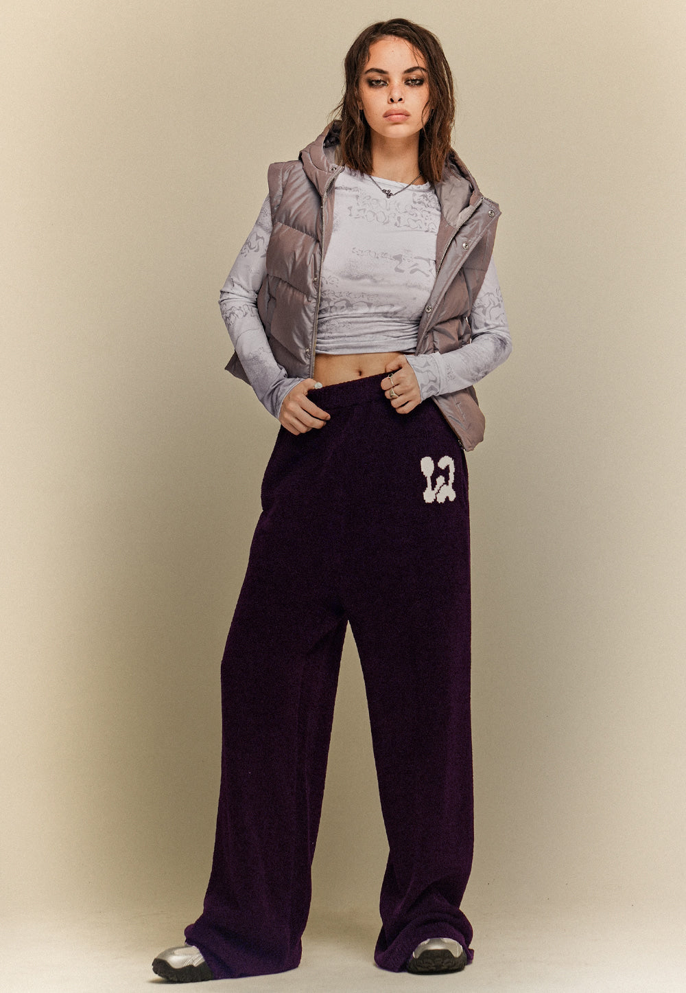 Intarsia wide knit pants wine black