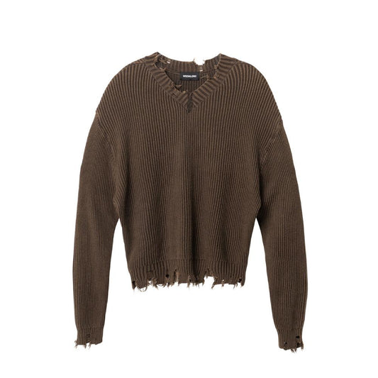 V-neck distressed knit brown