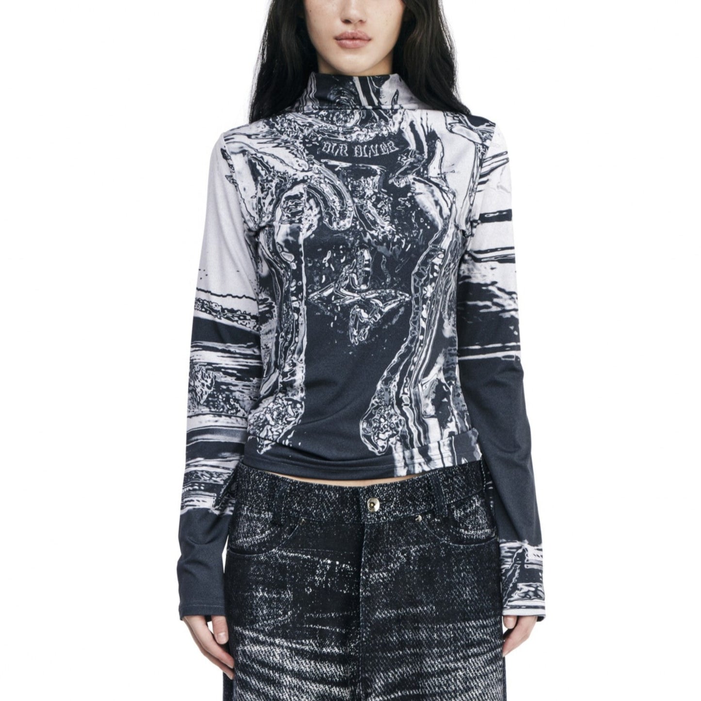 Body printed high-neck top indigo