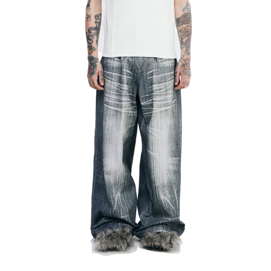 Grey printed wide denim pants