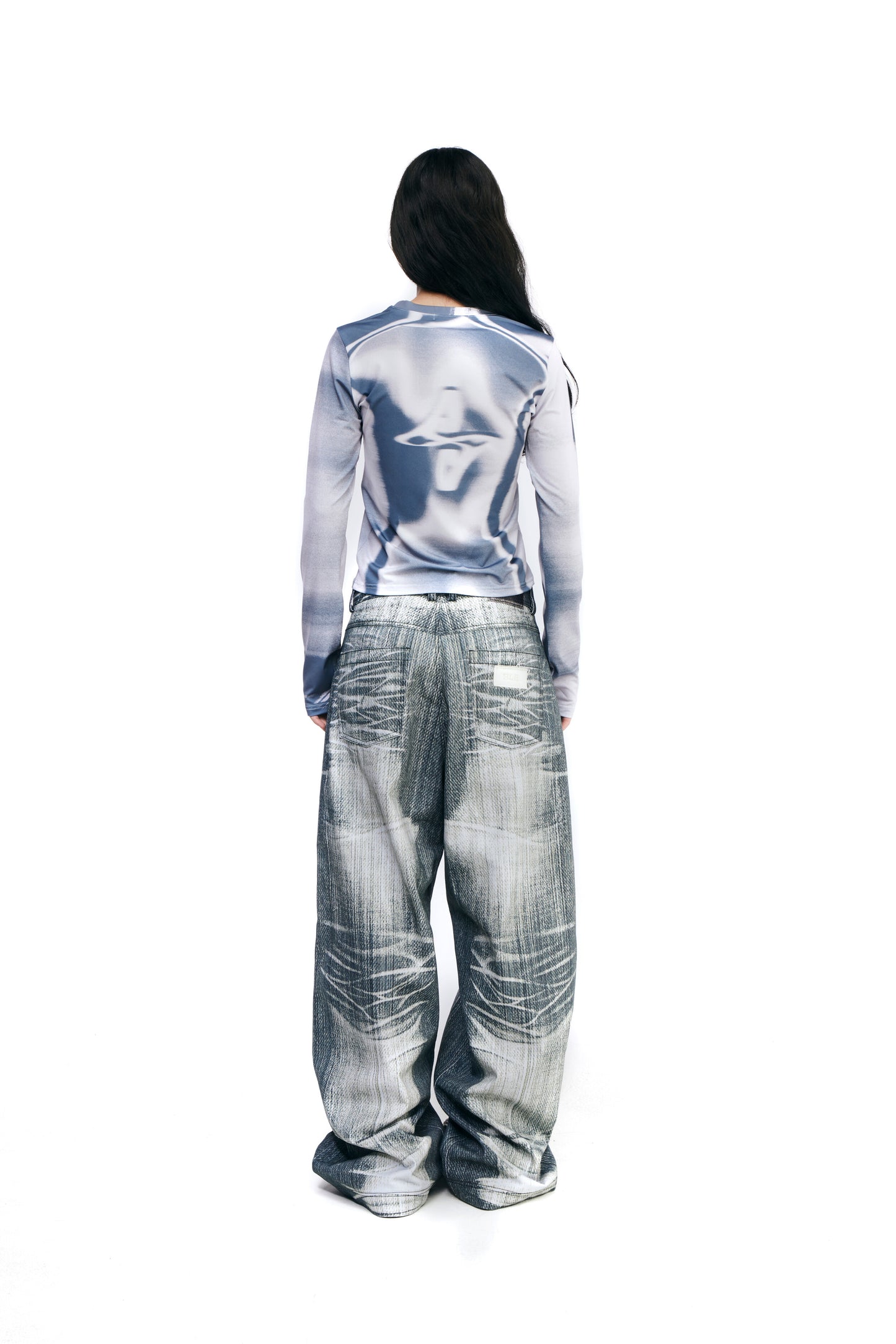 Grey printed wide denim pants