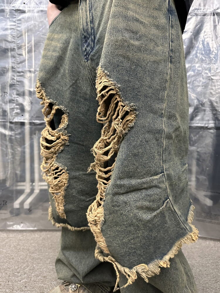 Destroyed vintage double denim pants