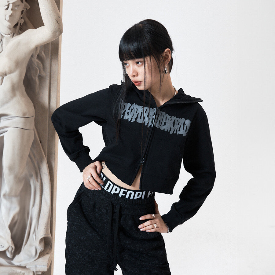 Cropped logo hoodie zip-up black